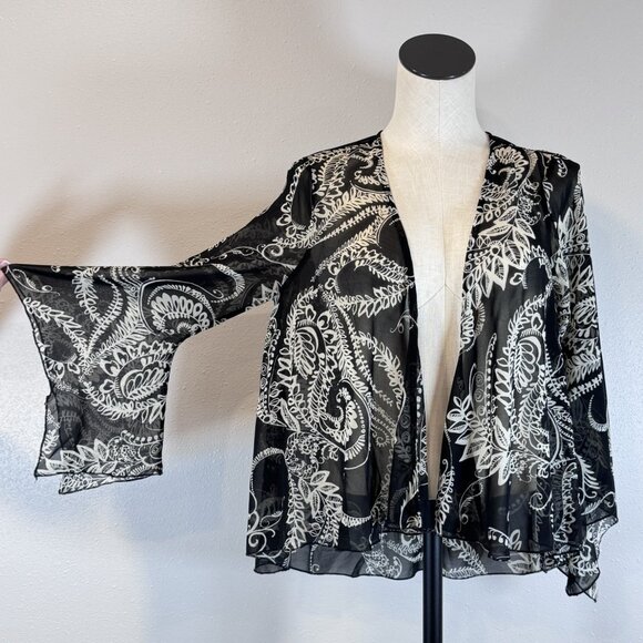 One World Womens Kimono Jacket Black White Paisley Chiffon Boho Flared Sleeve S - Picture 3 of 16